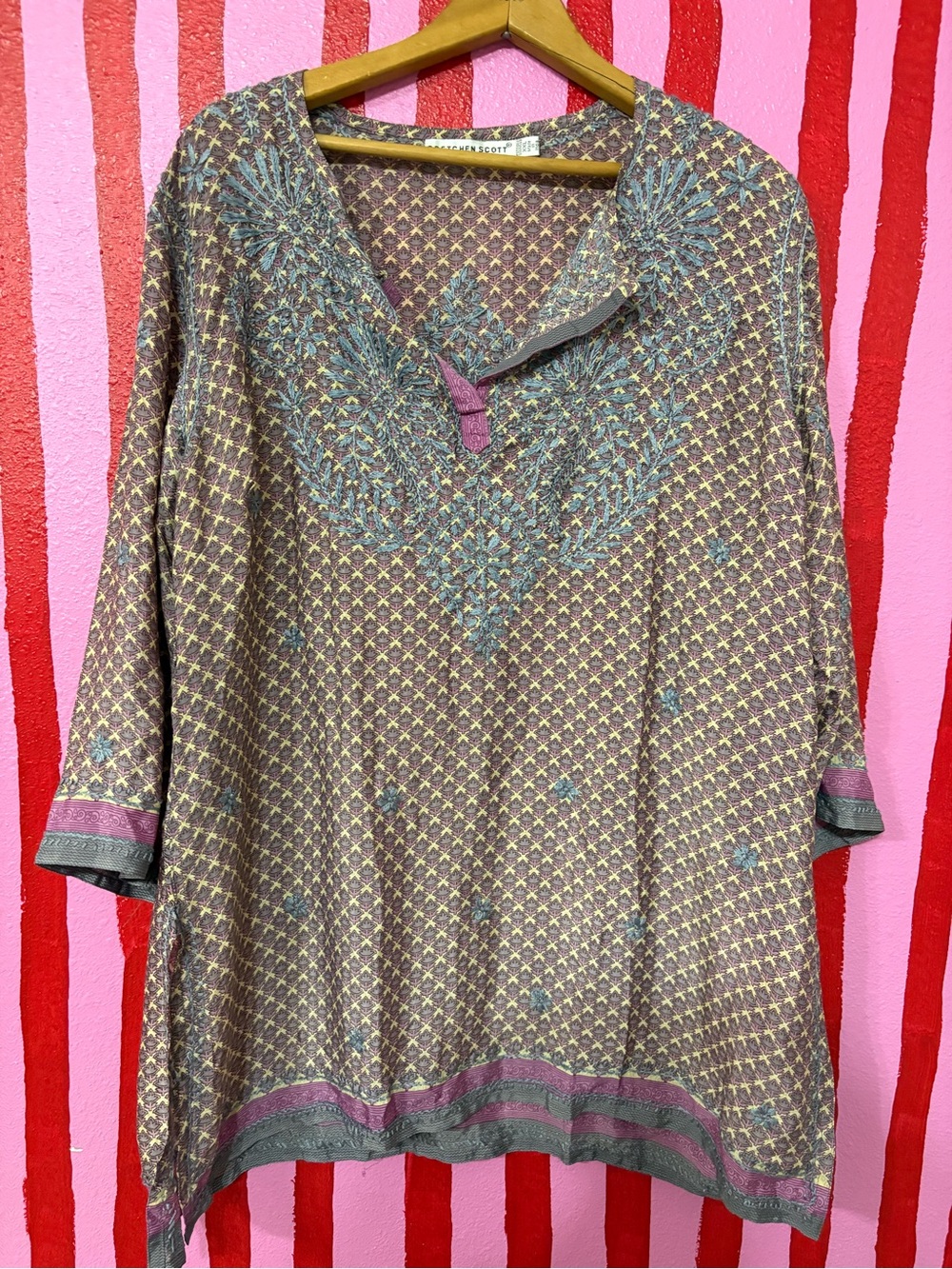 Gretchen Scott Designs Mauve Tunic with Teal Embroidery